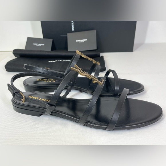 NEW SAINT LAURENT YSL BLACK LEATHER LOGO FLAT CASSANDRA SANDALS BOX 37 - Picture 9 of 11